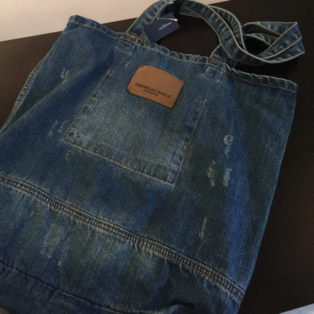 American Eagle Blue Denim Graphic Stenciled Shoulder Tote Bag NWT